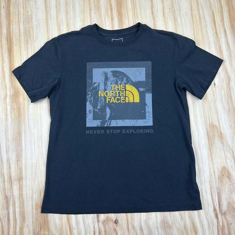 The North Face Men's Short Sleeve T Shirt Black M‎ Big Logo Faded Worn Hiking